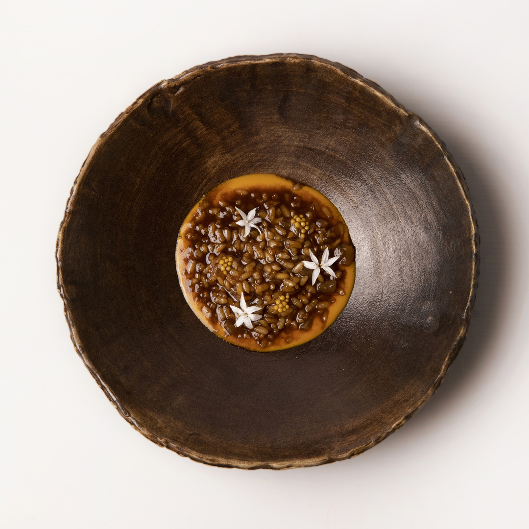 Arroz DO Valencia con caldo de rabo de vaca, crema de calabaza al horno y mostaza casera elaborada con cítricos © claudem.com/Origen